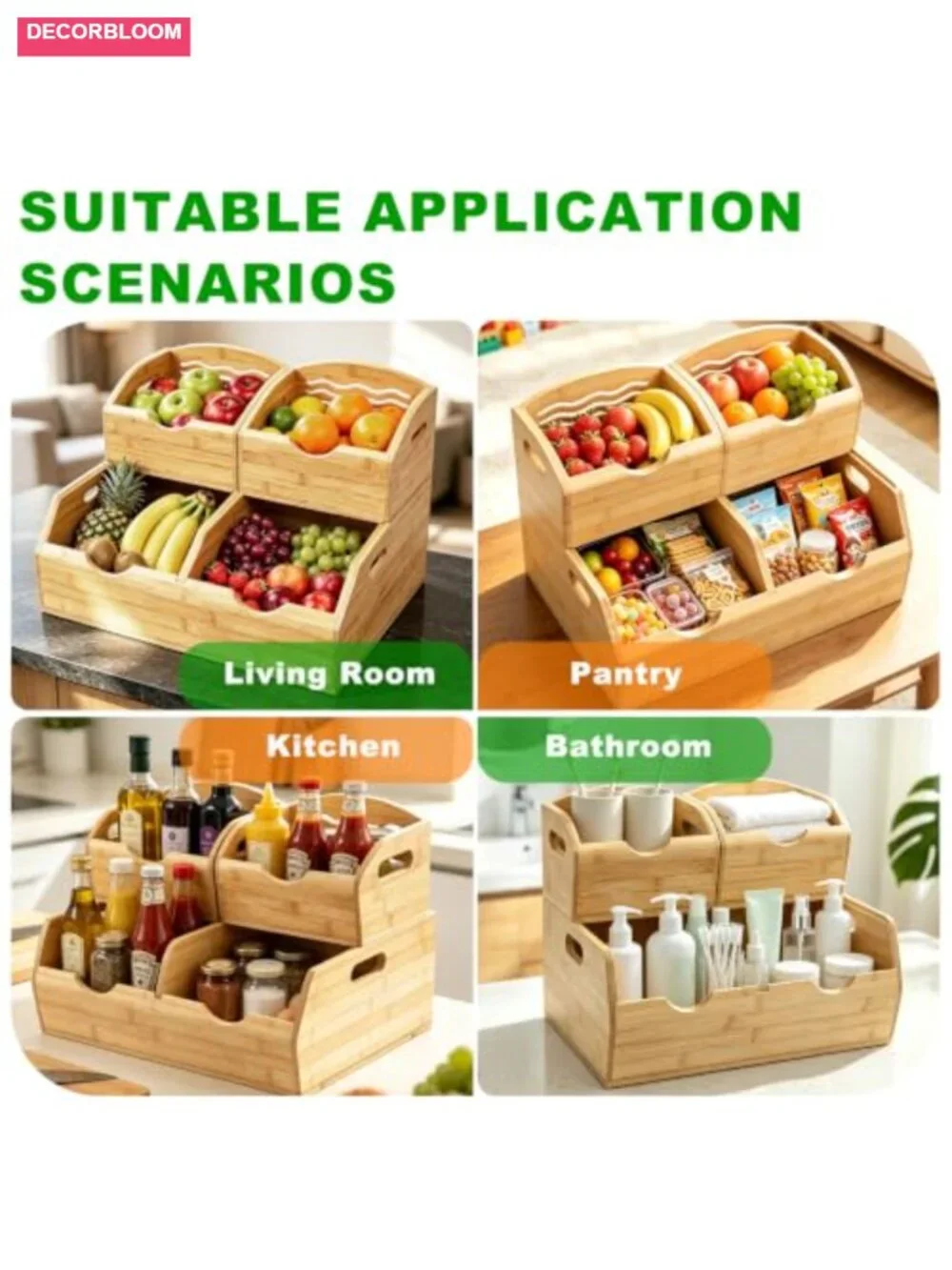 Bamboo Stackable Pantry Storage Bins Produce Baskets Set Kitchen Organizer